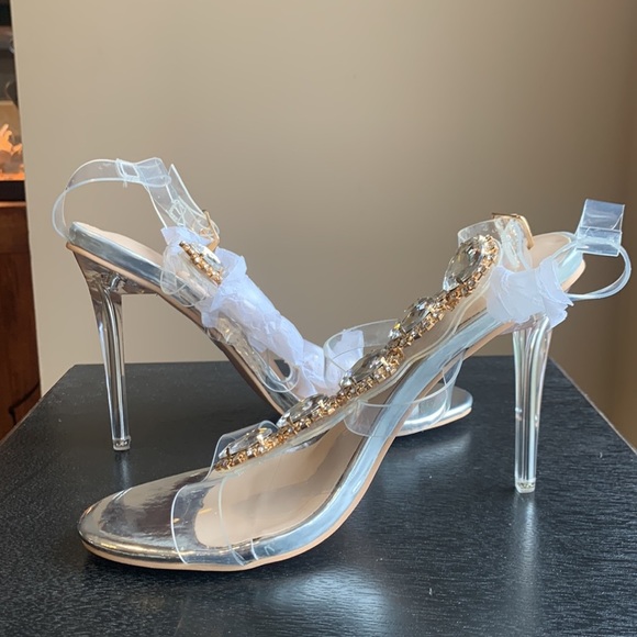 Stilettos Clear Ankle Strap Crystals Embellished Heels Women Size 9 - Picture 7 of 16